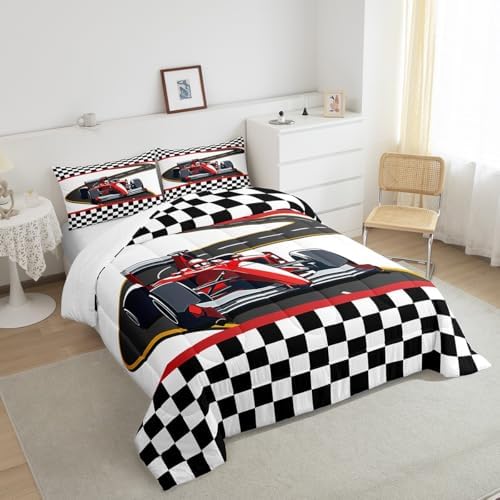 Castle Fairy Red Racing Car King Size Comforter Set,Kids Extreme Sports Theme Decor All Season Bedding Set,Teens Black White Grid Comforter,Race Car Decor Quilt Set Bedroom Collection 3Pcs