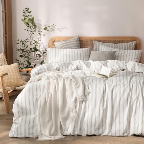 BESTOUCH Striped Cotton Duvet Cover Set Linen Feel Oversized King