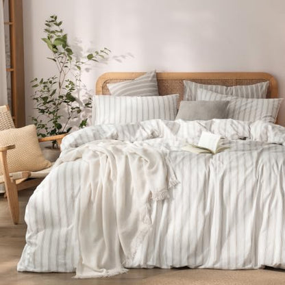 BESTOUCH Striped Cotton Duvet Cover Set Linen Feel Oversized King