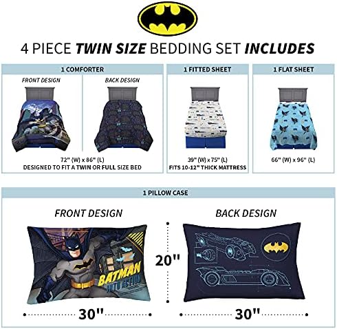 Franco Kids Bedding Super Soft Comforter and Sheet Set, 4 Piece Twin Size, Batman