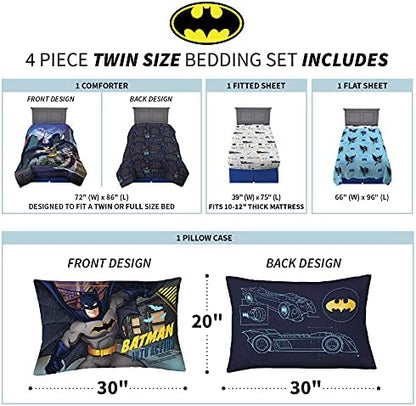 Franco Kids Bedding Super Soft Comforter and Sheet Set, 4 Piece Twin Size, Batman