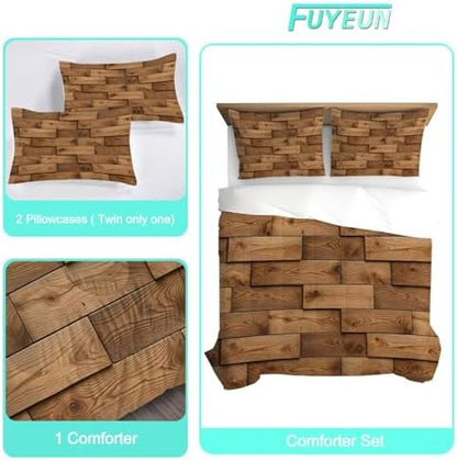3D Wood Plank Comforter Set Twin, Rustic Timber Bedding for Boys