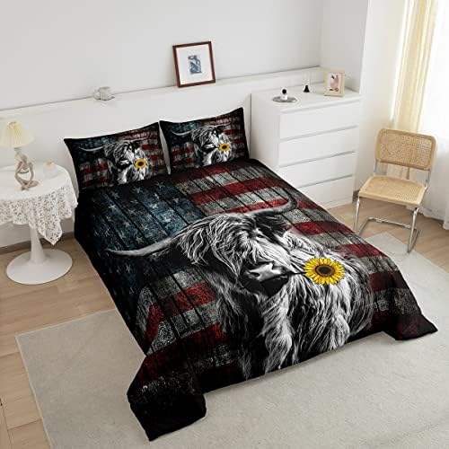 Feelyou Highland Cattle Bedding Set Sunflower Highland Cow Comforter Set for Kids Boys Girls America Flag Bull Comforter Animal Quilt Set 1 Comforter Set with 2 Pillowcases Full Size
