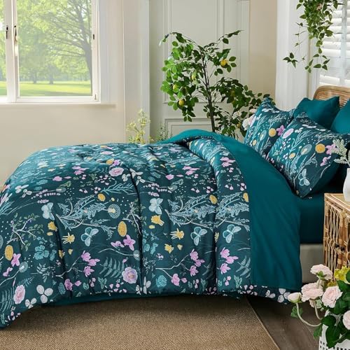 Full Size Comforter Set, Teal Blue Floral Bedding Comforter Set 7 Piece