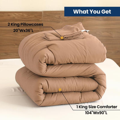 Paxrac Latte King Comforter Set, 3 Pieces Light Brown Bedding Set, Soft Fluffy Comforter, All Season Bed Set (104"x90" Comforter & 2 Pillowcases)