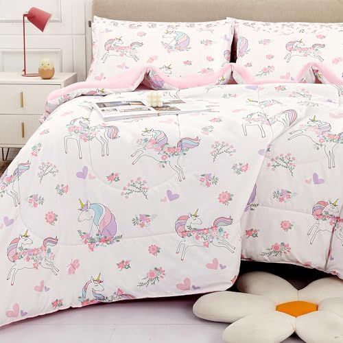 Viviland Kids Twin Bedding Sets, Girls Comforter, White Unicorn