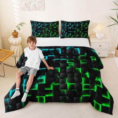 Erosebridal Geometric Checkered Boys Bedding Set Toddler Size Neon Teal Green Comforter Set for Kids Teen Men Gamer Room Decor,Abstract Ombre Plaid Comforter Grids Quilt Duvet Black