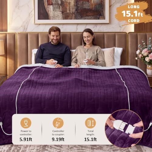 Heated Electric Blanket King Size, Dual Control 90" x 100", Lavender