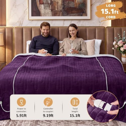 Heated Electric Blanket King Size, Dual Control 90" x 100", Lavender