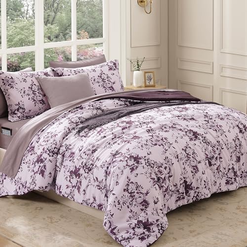 BLOOMHAVEN King Size Comforter Set-7 Pieces Purple Floral Bed in a Bag King