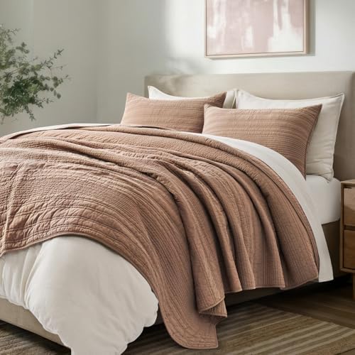 EVERGRACEHOME 100% Cotton Modern Lines Quilt Set King Size, Rose Dust