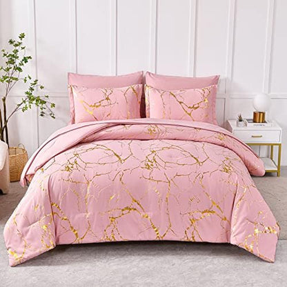 Yogeneg Gold Metallic Marble King Size Comforter Set,7 Piece Bed in a Bag,Foil Print Glitter Pink Comforter and Sheet Set,All Season Soft Microfiber Complete Bedding Sets(Pink,King)