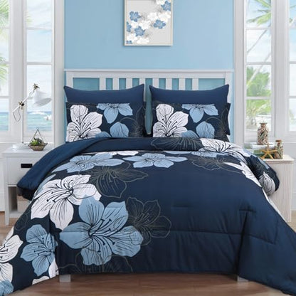 Luxudecor Navy Blue Comforter Set King Size, 7 Pieces Bed in a Bag Navy Blue Floral Comforter and Sheet Set, Soft Microfiber Complete Bedding Sets for All Seasons