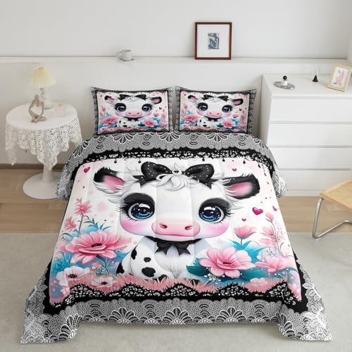 Feelyou Kids Cute Highland Cow Comforter Set Queen Size Cartoon Highland Cattle Bowknot Bedding Set Boys Girls Flowers Floral Pattern Quilt Set Black Lace Pattern Bed Set