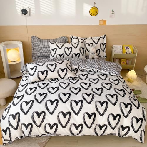 Wellboo Love Comforter Sets Twin Black and White Bedding Comforters Cotton Women Girls Heart Shaped Bed Quilts Brush Ink Love Pattern Quilts Adults Girls Modern Kawaii Black White Dorm Comforters