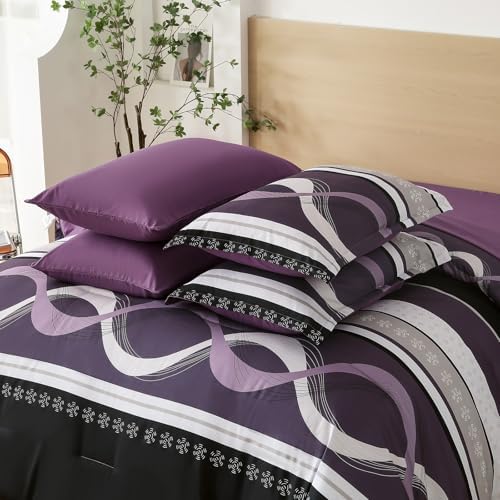 Anibedding Purple Comforter Set Queen Size,Patchwork Striped Bed Set