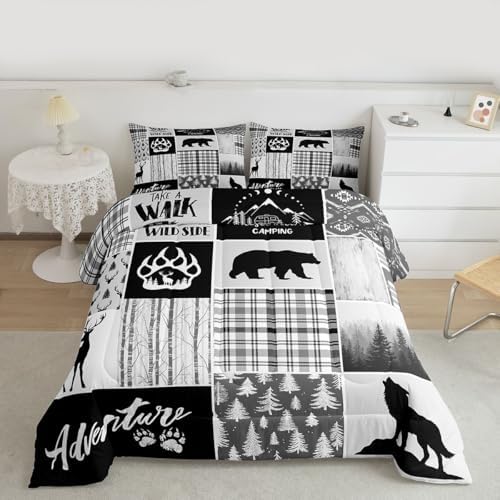 Deer Bear Comforter Set Full Size,Pine Trees Christmas Bedding Set for Kids Boys Girls Adults Room Decor,Camping Adventure Rustic Farmhouse Down Comforter,Black Retro Duvet Insert,2 Pillowcases