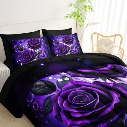 QOOMO Purple Rose 7 Pieces Comforter Set for Kids,Full Size