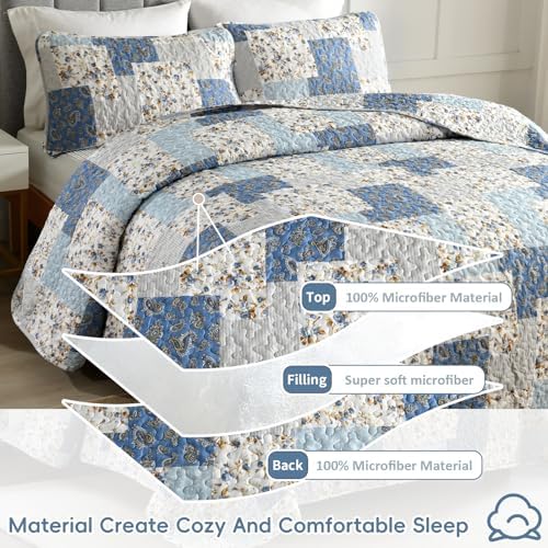 Mybedsoul Boho Quilt King Size, Patchwork Floral Bedding Set, Light Blue