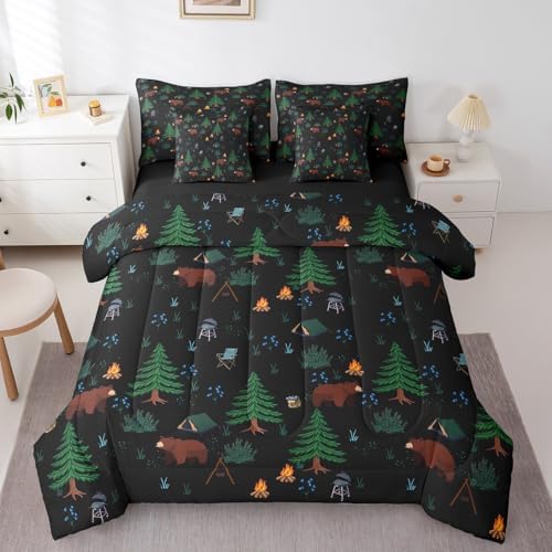 Erosebridal Hunting Bear 7 Piece Comforter Set Twin Bed in a Bag,Happy Camping Bedding Set for Kids,Camper Theme Down Comforter,Pine Tree Woodland Sheet Set,Wild Animals Quilt Bedroom Decor,Black