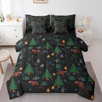 Erosebridal Hunting Bear 7 Piece Comforter Set Twin Bed in a Bag,Happy Camping Bedding Set for Kids,Camper Theme Down Comforter,Pine Tree Woodland Sheet Set,Wild Animals Quilt Bedroom Decor,Black