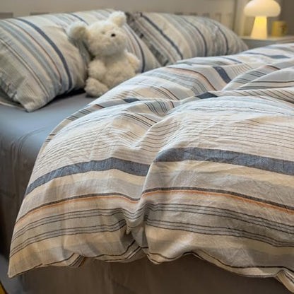 mixinni Vintage Blue and White Striped Duvet Cover Set King - 100% Washed Cotton 3 Piece Bedding Set with Geometric Pattern, Soft Breathable Comforter Cover with Zipper Closure & Corner Ties