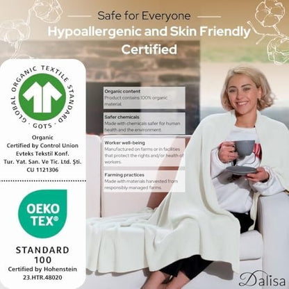 Dalisa 100% Organic Turkish Cotton Throw Blanket - GOTS Certified, Cozy - Perfect for Couch, Bed, and Home Decor - Boho Vintage Knit Alina (White, 80x90)