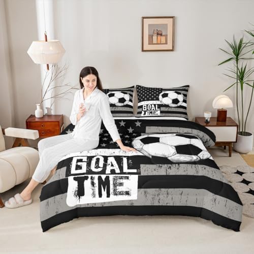 Boys Football Comforter Set Full, American Flag Duvet Sets Soccer Sports Games Down Comforter for Kids Teens Adult Bedroom, United States Stars Stripe Bedding Set with 2 Pillowcases, Black White