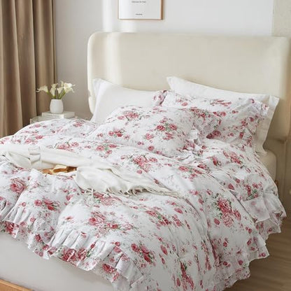 VM VOUGEMARKET Ruffle Full Duvet Covet with Pink Red Flower Prints Romantic Princess Style Lace Bedding Set Vintage Floral Duvet Cover Set with Zipper for Teen Girls