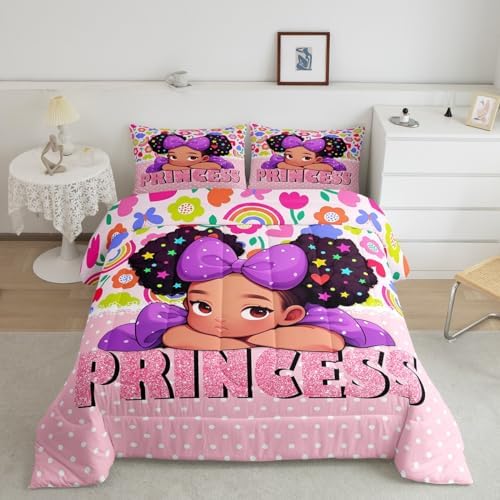Black Girls Comforter Set Full Size,Princess Girl Pink Diamond Glitter Pattern Bedding Set 3Pcs,Cute African Style Americans Quilt Set Kids Teens Cartoon Colorful Flower Duvet Insert,2 Pillowcases