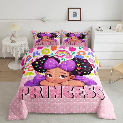Black Girls Comforter Set Full Size,Princess Girl Pink Diamond Glitter Pattern Bedding Set 3Pcs,Cute African Style Americans Quilt Set Kids Teens Cartoon Colorful Flower Duvet Insert,2 Pillowcases