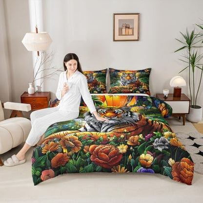 Tiger Kids Comforter Set Twin Size,Sunflower Palm Leaf Botanical Tropical Jungle Bedding Set,Girls Boys Room Decor,Wildlife Animal Pine Rustic Quilt Comforter,Wild Chic Duvet Insert,1 Pillowcase