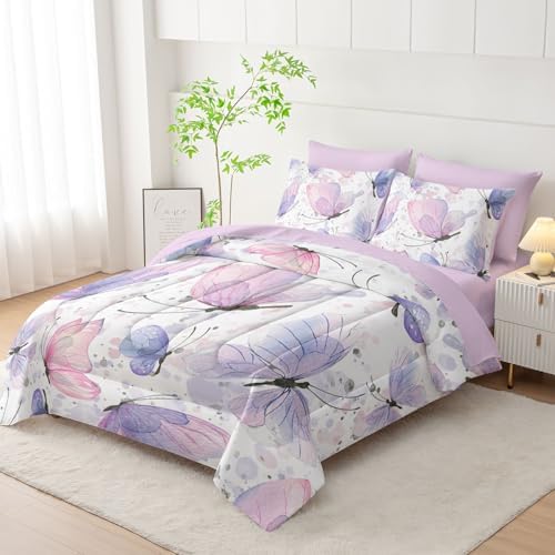 7Pcs Comforter Set Butterflies Printed Bedding Set with 1 Comforter, 1 Flat Sheet, 1 Fitted Sheet and 4 Pillowcases for Boys and Girls Bedroom All Season(Butterflies-2 Full)