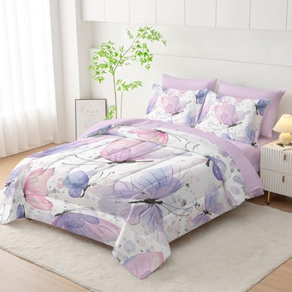 7Pcs Comforter Set Butterflies Printed Bedding Set with 1 Comforter, 1 Flat Sheet, 1 Fitted Sheet and 4 Pillowcases for Boys and Girls Bedroom All Season(Butterflies-2 Full)