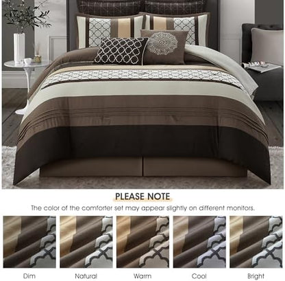 LANCO MODERN LIFESTYLE Queen Comforter Set, Brown Bedding Set, Jacquard Woven with Embroidery, 8 Pieces Bed in a Bag, Bed Skirt, Shams and Decorative Pillows