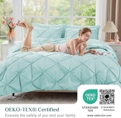 JOLLYVOGUE Queen Comforter Set 7 Pieces - Bed in a Bag Queen for All Season, Pintuck Bedding Comforter Sets with Comforter, Flat Sheet, Fitted Sheet and Pillowcases & Shams, Lake Blue