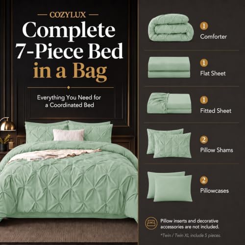 CozyLux King Size Comforter Set Sage Green, 7 Pieces Pintuck Bed in a Bag