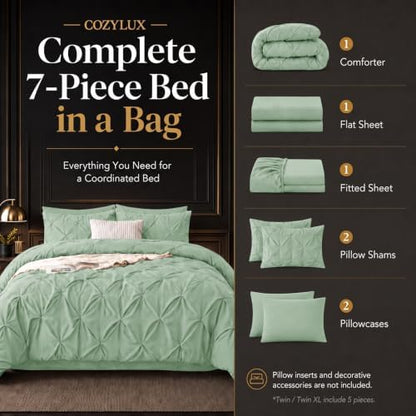 CozyLux Full Size Comforter Sets Sage Green, 7 Pieces Pintuck Bed in a Bag