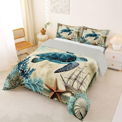 Erosebridal Turtle Bedding Teal Turtle Comforter Set Turquoise Ocean Themed Mediterranean Style Printed Design Ocean Turtle Down Comforter Quilted Duvet Set Full Size 1 Comforter 2 Pillowcases
