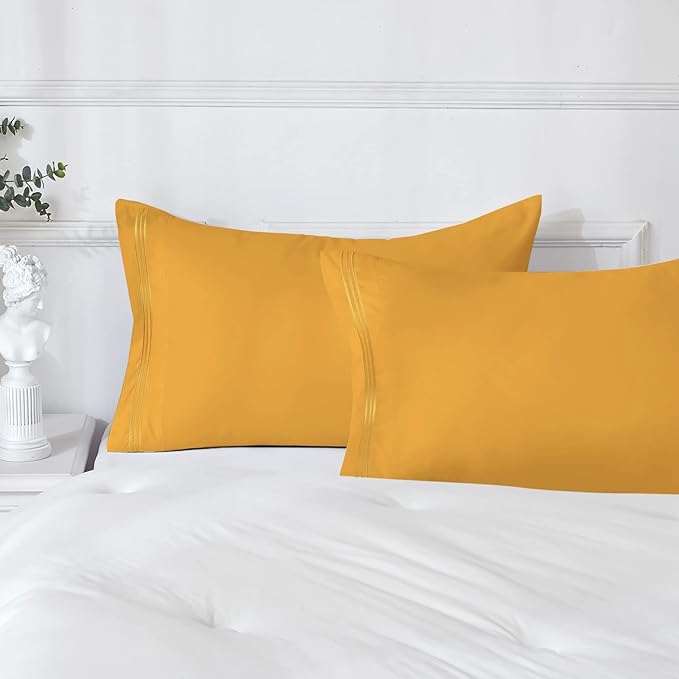 YIYEA Pillow Cases Queen Size Set of 4, Ultra Soft 1800TC Hotel Quality Double Brushed Microfiber Embroidered Pillowcases, Envelope Closure, Fade Resistant (20"x30", Yellow)