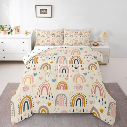 jejeloiu Lovely Kids Rainbows Comforter Set Queen Size Cute Rainbow Bedding Set for Kids Boys Girls Cute Princess Duvet Quilt Bedroom Decor Microfiber 3 Pcs with 2 Pillow Cases