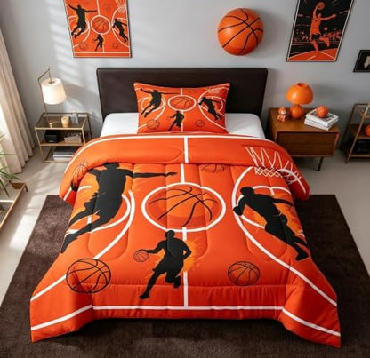Graffiti Basketball Comforter Set Twin Size,Orange Court Line Bed in a Bag 2Pcs for Kids Girls Boys Teens Room Decor,Ball Sports Gaming Quilted Duvet Modern Fashion Down Comforter,1 Pillowcase