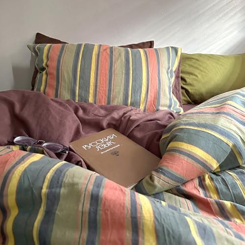 mixinni Vintage Striped Duvet Cover Set Twin Size - 3 Piece 100% Washed Cotton Bedding Set, Soft & Breathable, Colorful Striped Pattern Printed Comforter Cover for All Seasons