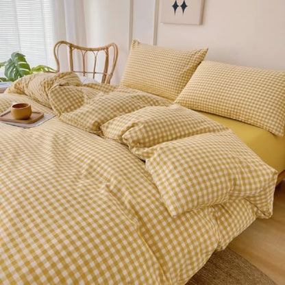 LifeTB Twin XL Comforter Set 3 Pieces Yellow Gingham Comforter Set Geometric Checkered Plaid Printed Bedding Comforter for All Seasons Fluffy Soft Lightweight Gingham Plaid Bedding Set Twin XL
