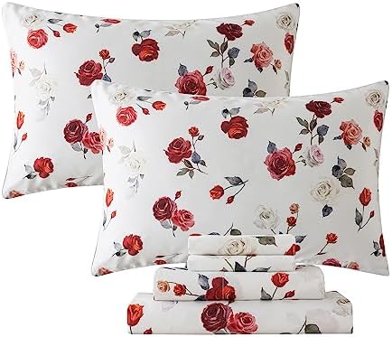 FADFAY Rose Sheets Set Twin Vintage White Floral Bedding Chic Red Rose Bed Sheets Shabby Farmhouse Bedding 100% Percale Egyptian Cotton 800 Thread Count Deep Pocket Fitted Sheet 4Pcs, Twin Size