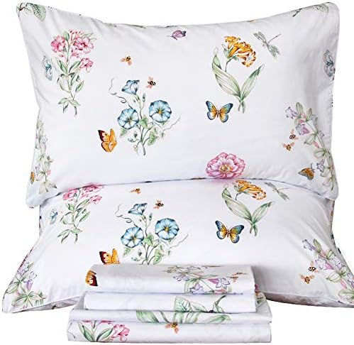 QSH Floral King Size Sheet Sets - Flower Butterfly Print Pattern Egyptian Cotton Printed Bedding Sheets 4pcs Extra Soft and Breathable 17.5" Extra Deep Pocket King Size Sheets