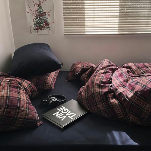 mixinni Vintage Buffalo Plaid Duvet Cover Set Twin XL Size – 3 Piece Washed Cotton Bedding for College Dorm, Soft & Breathable Burgundy Grid Comforter Cover with Retro Aesthetic for Teen Boys Girls