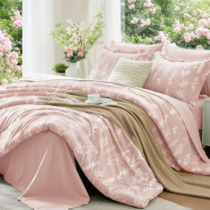 MUXHOMO Cameo Pink Cal King Comforter Set, Elegant Floral Print Bed in a Bag 7 Pieces, Ultra Soft & Breathable Reversible Botanical Pattern Bedding Set with Comforter, Sheets, Pillowcases, and Shams