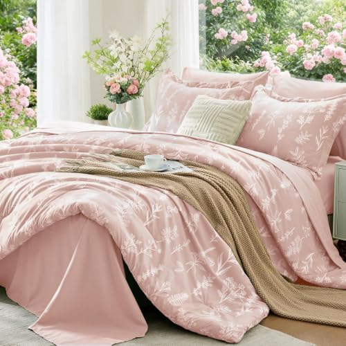 MUXHOMO Oversized King Comforter Set, Cameo Pink Elegant Floral Print Bed in a Bag 7 Pieces, Soft & Breathable Reversible Botanical Pattern Bedding Set with Comforter, Sheets, Pillowcases & Shams
