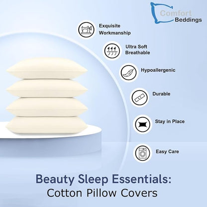 Comfort Beddings Standard Pillowcases Set of 4 – 100% Organic Cotton, 600 Thread Count Sateen, Soft & Comfy Pillow Covers with Envelope Closure, Ivory, Standard Size 20 x 26 Inches